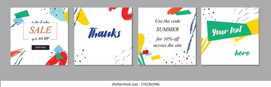 Set of editable template for social media post templates.For personal and business accounts. White background with abstract elements in the form of brush strokes and colorful color spots.Vector.Trendy