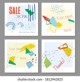 Set of editable template for social media post templates.For personal and business accounts. White background with abstract elements in the form of brush strokes and colorful color spots.Vector.Trendy