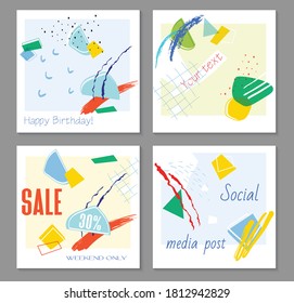 Set of editable template for social media post templates.For personal and business accounts. White background with abstract elements in the form of brush strokes and colorful color spots.Vector.Trendy