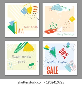 Conjunto de plantillas editables para las plantillas de publicaciones en redes sociales.Para cuentas personales y empresariales. Fondo blanco con elementos abstractos en forma de trazos de pincel y manchas de color coloridas.Vector.Moderno
