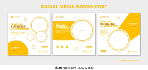 Set Of Editable Template Social Media Instagram Design Post. Design Circle Whit Shadow, Yellow And White Color Theme. Suitable For Social Media Post, Ads, Promotion Your Product, Business, Company
