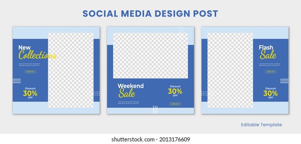 Set of Editable Template Social Media Instagram Design Post With Rectangle Frame and Blue Color Theme. Suitable for Post, Sale Banner, Ads, Promotions, Product, Business, Company, Fashion, Travel