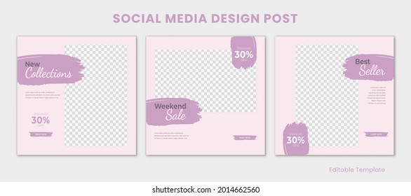 Set of Editable Template Social Media Instagram Design Post with Rectangle Frame and Brush. Suitable for Post, Sale Banner, Ads, Advertising, Promotion Product, Fashion, Beauty, Offer, Business Page,