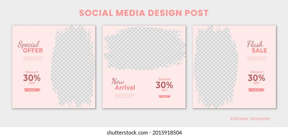 Conjunto de plantillas editables de publicación de diseño de medios sociales con pincel de marco y tema de color rosado. Adecuado para Correos, Banner de venta, Anuncios, Publicidad, Producto de Promoción, Negocios, Empresa, Moda, Belleza, Salón