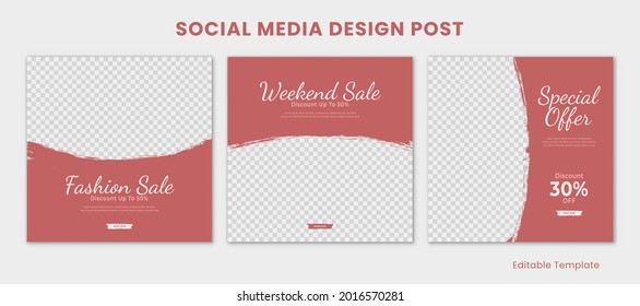 Set Of Editable Template Social Media Instagram Design Post, With Pink Brush Frame Theme. Suitable For Post, Sale Banner, Ads, Promotion Product, Business, Company, Fashion, Beauty, Spa, Salon, Etc
