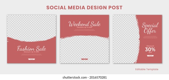 Set of Editable Template Social Media Instagram Design Post, With Pink Brush Frame Theme. Suitable For Post, Sale Banner, Ads, Promotion Product, Business, Company, Fashion, Beauty, Spa, Salon, etc