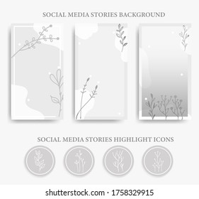 set editable template for social networks stories, vector illustration. black and white design backgrounds for media. beauty monochrome minimalist floral drawn