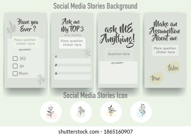 set editable template for social networks stories, vector illustration. Green pastel design backgrounds for media. beauty monochrome minimalist floral drawn
