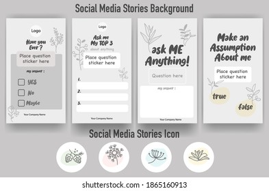 set editable template for social networks stories, vector illustration. grey and white design backgrounds for media. beauty monochrome minimalist floral drawn