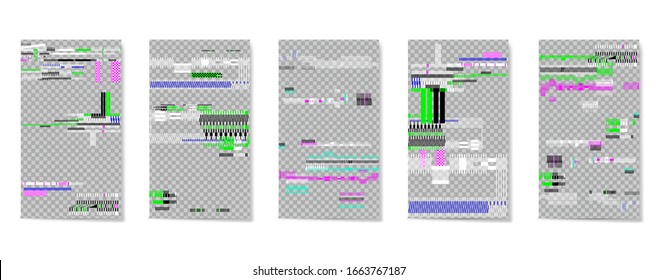 A set of editable template for stories and streaming. Computer screen error. Video game glitch. Glitch vhs effect. Vector illustration