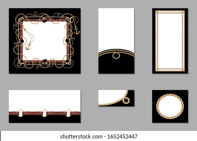 Set editable templates for design. Marine motif border with rope, anchor. Seamless pattern, round plate, vertical and horisontal frame, border, brush. Idea for business card, event invitation.Vector 