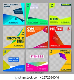 Set Editable Templates. Sport Training Mobile App Page Screen. Modern Unique Design Background for Website or Web Page. Social Media Banners for Digital Marketing Vector Illustration. Square Banner