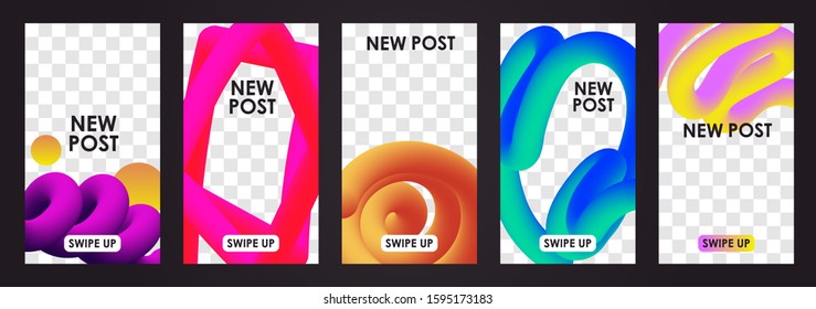 Set of editable templates for stories. 3D abstract shapes of neon colors. Colorful banners. EPS 10 vector. Modern commercial