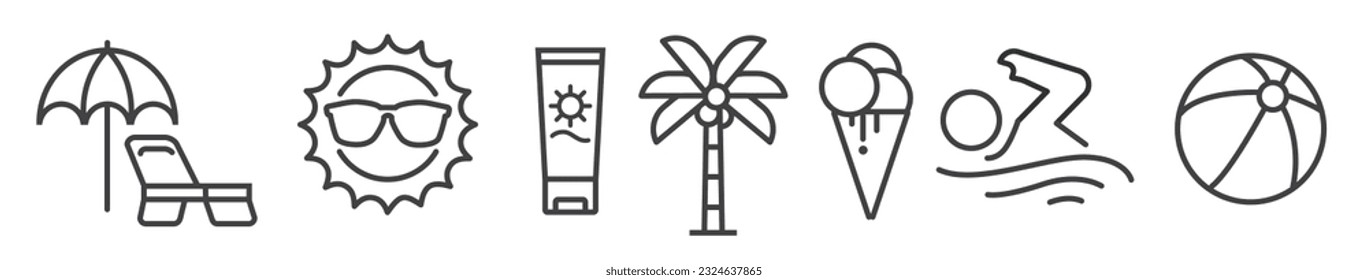 Set of editable thin line beach holiday summer and vacation vector icons on white background