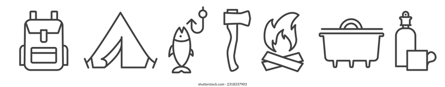 Set of editable thin line outdoor and bushcraft vector icons on white background