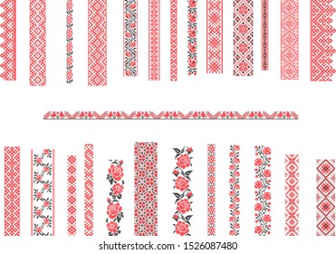 Set of editable traditional seamless ethnic patterns for embroidery stitch over white. Floral and geometric ornaments