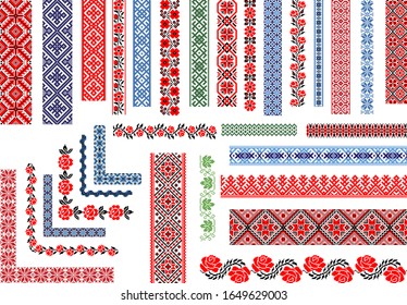 Set of editable traditional seamless ethnic patterns for embroidery stitch. Vintage floral and geometric ornaments. 