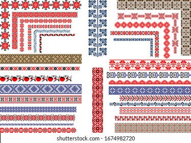 Set of editable traditional seamless ethnic patterns for embroidery stitch. Vintage floral and geometric ornaments. 