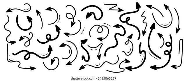 Set of editable trend line arrows. Doodle and hand drawn. Collection curves drawn hand  pencil. Sign and symbol, elements. Abstract scribbles. Curve and circles. Shapes. Underline. Vector illustration