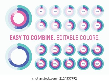 Set of editable trendy line style round infographic pie chart design elements with percentages. Easy to combine different graphs, edit stroke weight un change colors.