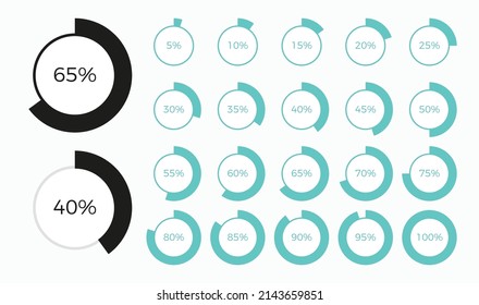 Set of editable trendy line style round infographic pie chart design elements with percentages. Easy to combine different graphs, edit stroke weight un change colors.