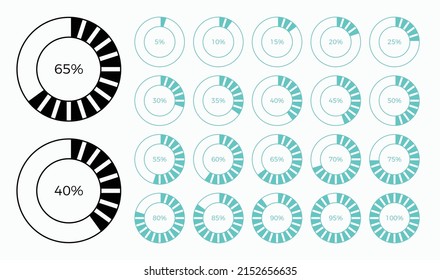 Set of editable trendy line style round infographic pie chart design elements with percentages. Easy to combine different graphs, edit stroke weight un change colors.