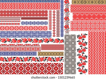 Set of editable Ukrainian traditional seamless ethnic patterns for embroidery stitch. Vintage floral and geometric ornaments. 