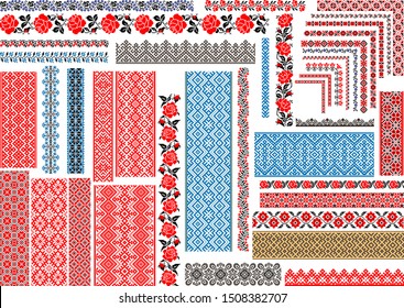 Set of editable Ukrainian traditional seamless ethnic patterns for embroidery stitch. Vintage floral and geometric ornaments. 