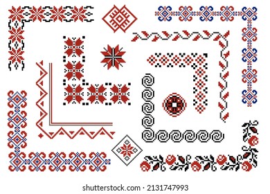 Set of editable Ukrainian traditional seamless ethnic patterns for embroidery stitch. Vintage floral and geometric ornaments, corners, elements.