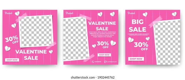 Set of Editable valentine's square banners template. Modern banner with pink background color and love decoration. Flat design vector with a photo collage. Usable for social media, banner, and web ads