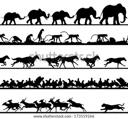 Set of editable vector animal silhouette foregrounds with all figures as separate objects