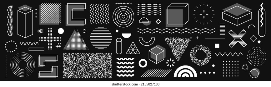 Set of editable vector creative geometric abstract elements for graphic design, printing and UI. Triangles, squares, circles and other simple shapes with editable stroke weight