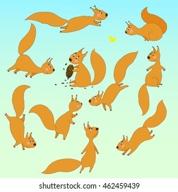 Set of editable vector cute squirrels. Ten different amazing squirrels sitting, jumping, playing, standing, smiling.  Isolated vector illustration. A wonderful collection of animals for sweet designs