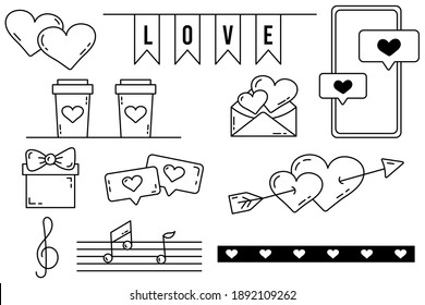 A set of editable vector elements. Valentine's Day collection with editable stroke. Vector cute illustrations. A love letter. Isolated icons on a white background.