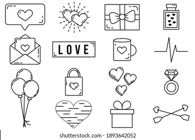 A set of editable vector elements. Valentine's Day collection with editable stroke. Vector cute illustrations. A love letter. Isolated icons on a white background.