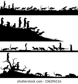 Set of editable vector foreground silhouettes of African meerkats with animals as separate objects