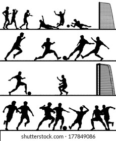 Set of editable vector foreground silhouettes of men playing football with all figures as separate objects