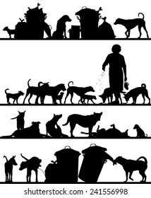 Set of editable vector foreground silhouettes of street dogs in Bangkok with all figures as separate objects