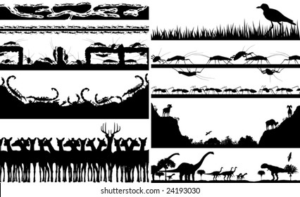 Set of editable vector foregrounds of animal scenes with all individual animals as separate objects