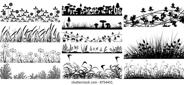 Set of editable vector foregrounds of vegetation and mushrooms