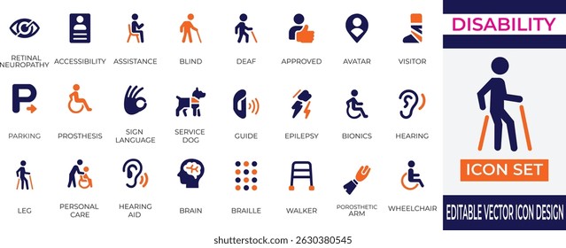 Set of editable vector icons representing accessibility, disability support, prosthetics, personal care, hearing aids, and assistive technology.