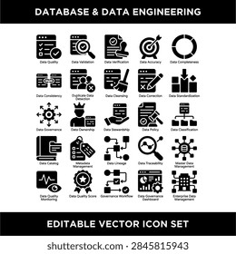 Set of editable vector icons representing database and data engineering concepts