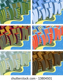 Set of editable vector illustrations of a city bending