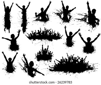 Set of editable vector illustrations of people celebrating with ink splatter grunge and all figures as separate elements