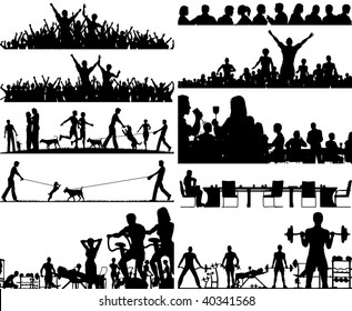 Set of editable vector people silhouettes as foregrounds