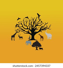 Set of editable vector silhouettes of African elephants ,Monkey,trees, banana trees, palm  giraffe, zebra, elephant.