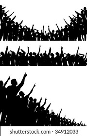 Set of editable vector silhouettes of crowds pointing and looking upwards with all figures as separate objects