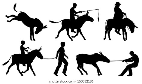 Set of editable vector silhouettes of donkeys and people in different situations with all figures as separate objects