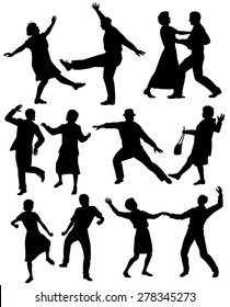 Set of editable vector silhouettes of elderly couples dancing together with all figures as separate objects