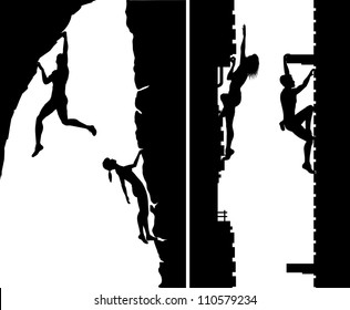 Set of editable vector silhouettes of free climbers not using safety ropes, with climbers as separate objects